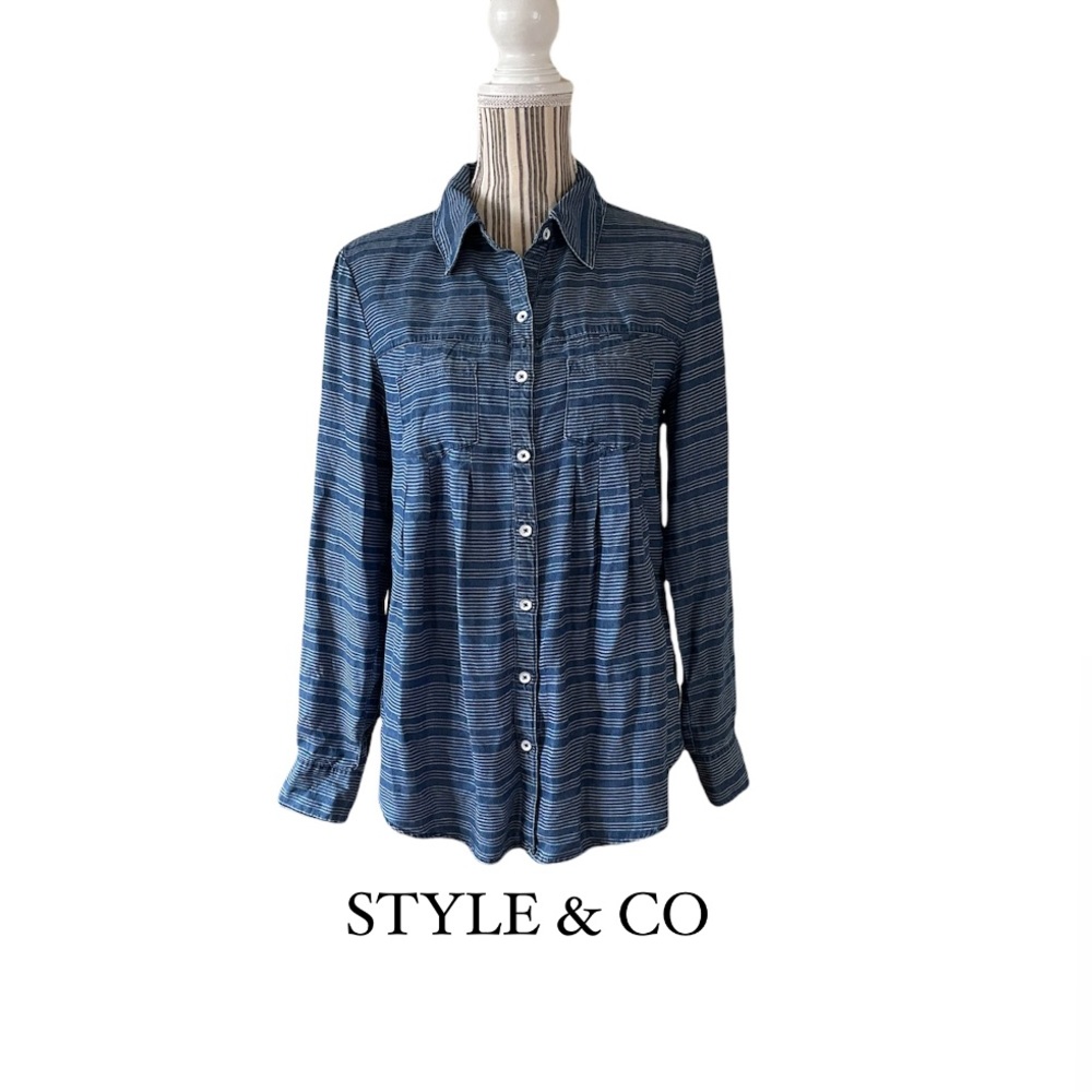 STYLE & CO Long Sleeve Striped Buttoned Shirt Blue XS